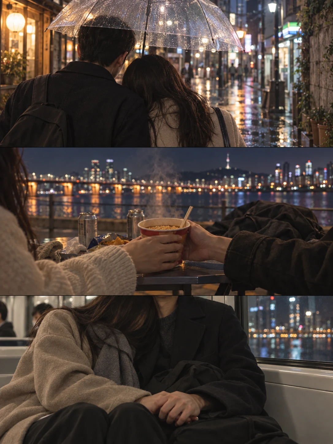 함께했던 일상을 떠올리는 장면. 비 내리는 서울 골목에서 두 사람이 투명 우산 하나를 나눠 쓴다.